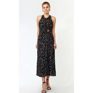 Greylin Fiona O-Ring Midi Dress Black Floral Halter Cutout NWT Size L